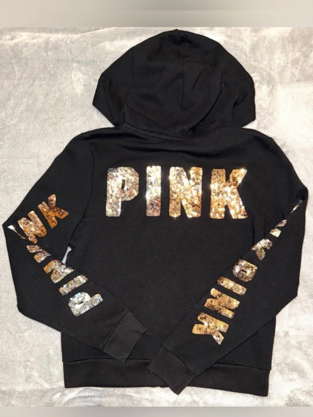 Victoria’s Secret PINK Black Sequin Full Zip Hoodie Gold Silver Bling Size Small - Picture 3 of 4